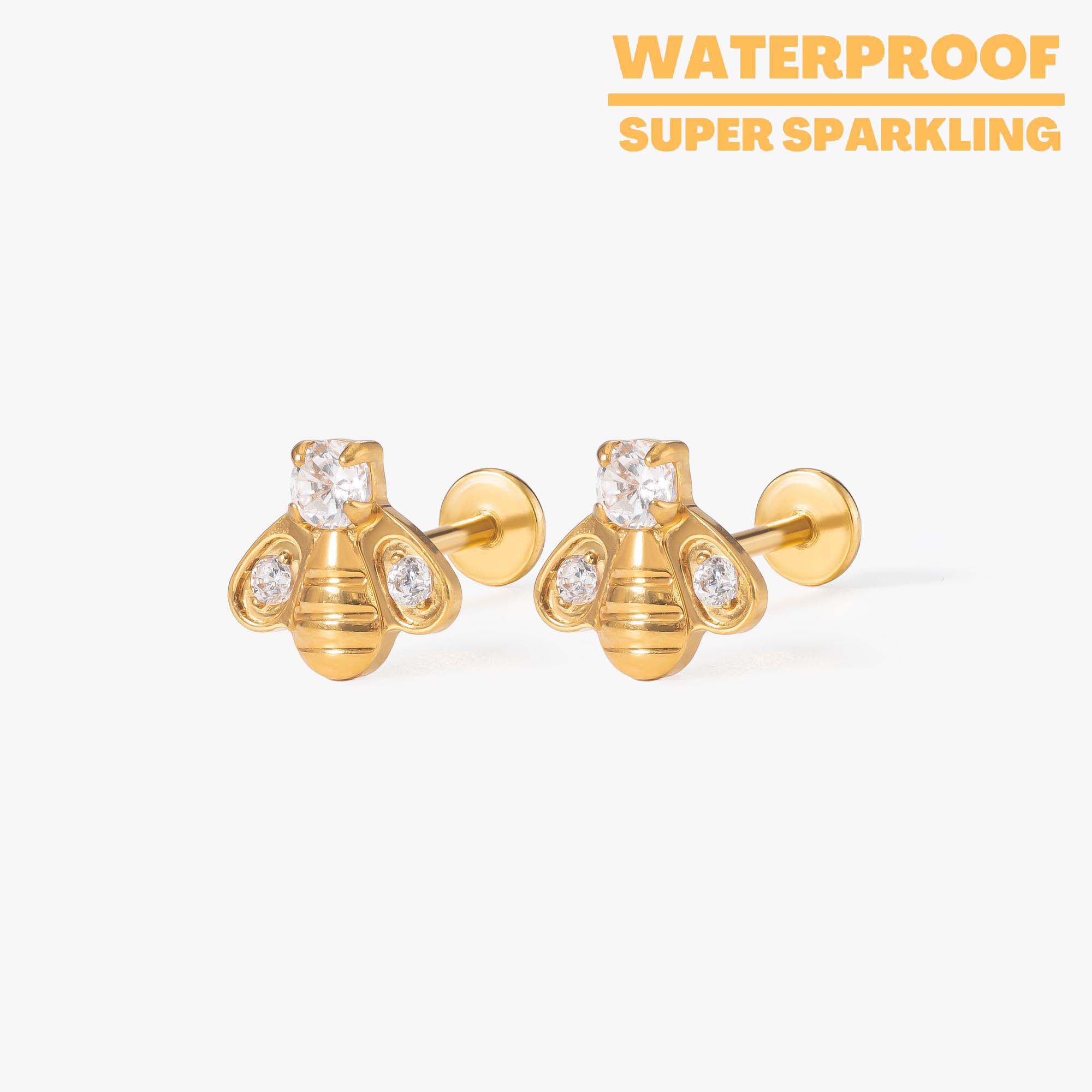 Crystal Bee Stud Earrings | Gold Flat Back