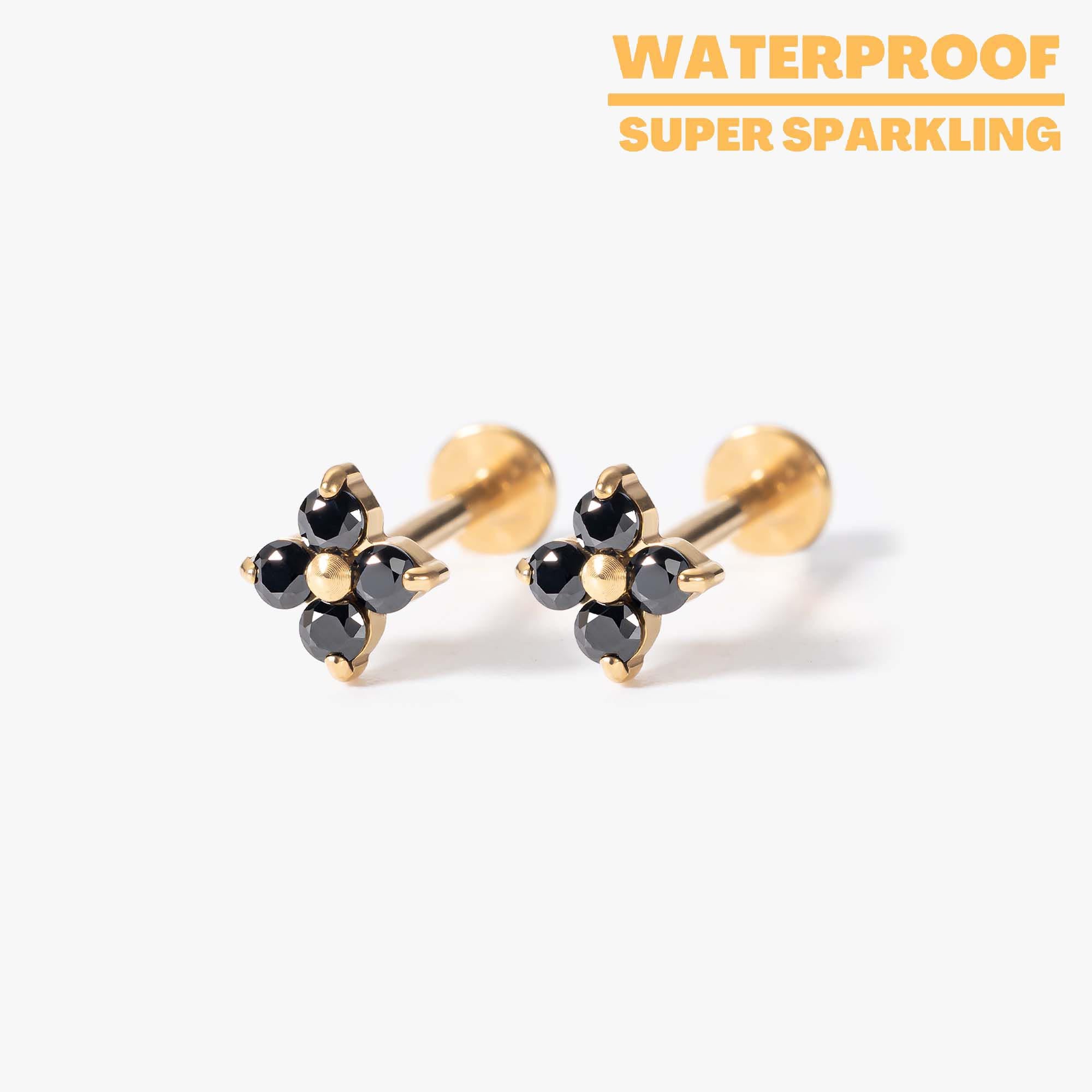 Black Spinel Four Leaf Titanium Stud Earrings