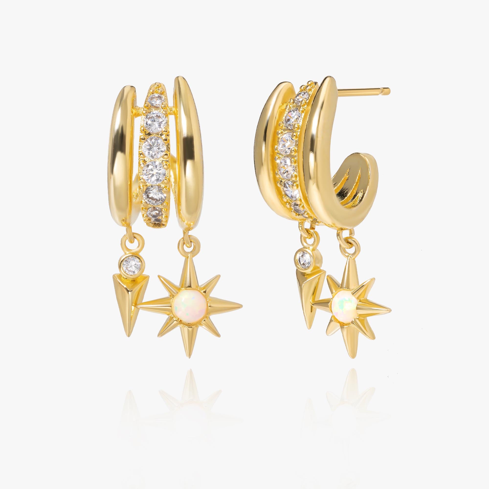 North Star Drop Hoop Earrings | Gold Half Hoop & Opal Star