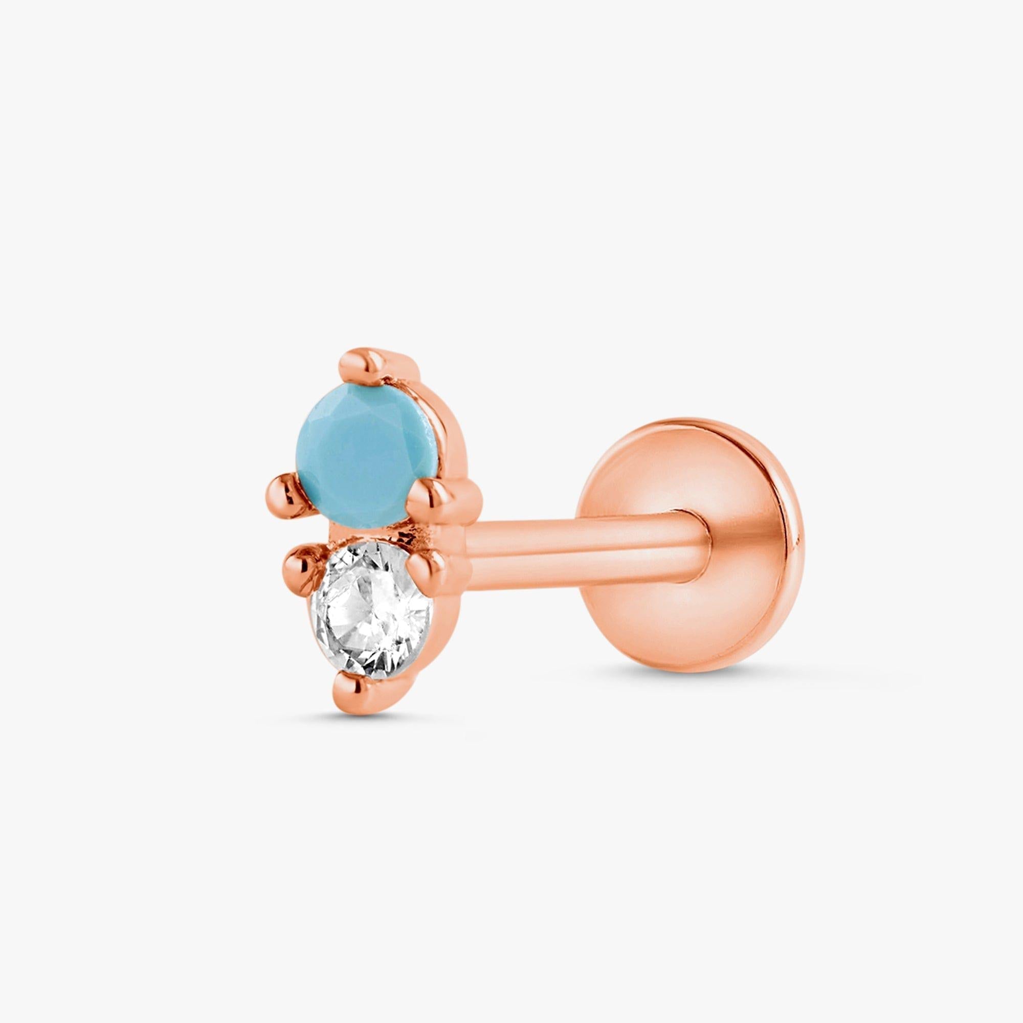 Rose Gold Turquoise Double Gemstone Flat Back Piercing Earring