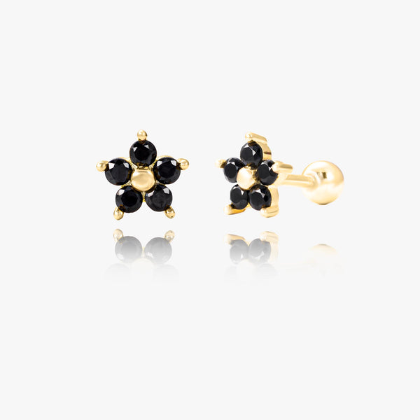 Black Onyx Flower Screw Back Earrings