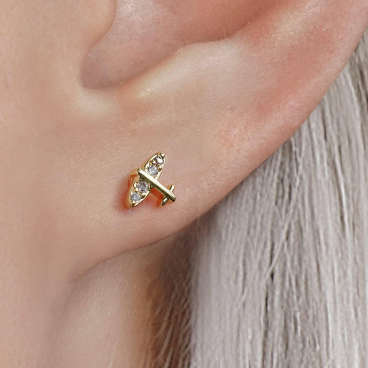 Tiny Airplane Crystal 3A CZ  Flat Back Piercing Earring