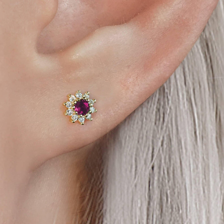 Ruby Red 3A CZ  Sunflower Flat Back Piercing Earring