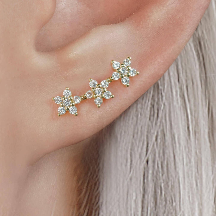 Helix Triple Crystal 3A CZ  Flowers Flat Back Piercing Earring