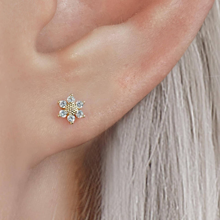 Crystal 3A CZ  Sunflower Flat Back Piercing Earring