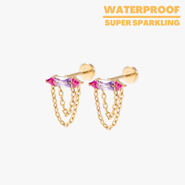 Rhea – Amethyst & Ruby Bar & Chain Push Pin Titanium Earrings