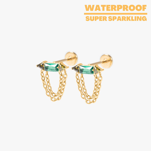 Rhea – Emerald Bar & Chain Push Pin Titanium Earrings