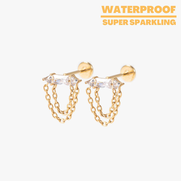 Rhea – Crystal Bar & Chain Push Pin Titanium Earrings