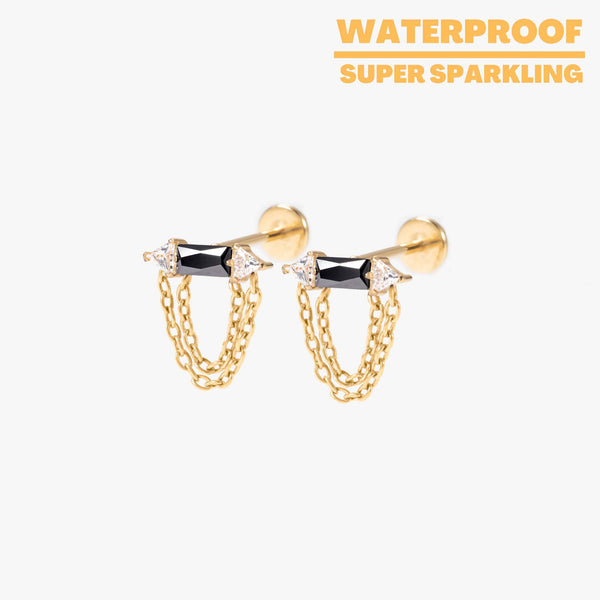 Rhea – Black Bar & Chain Push Pin Titanium Earrings