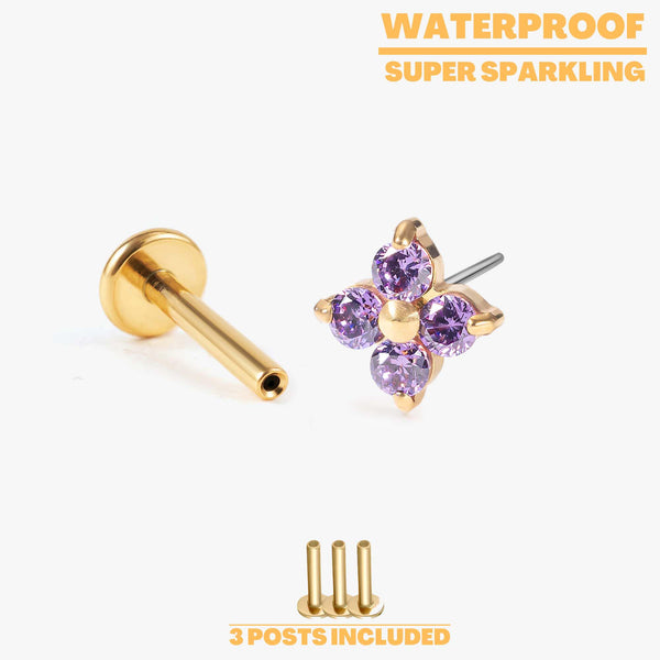 Luna - Amethyst Four Leaf Push Pin Flatback Earrings