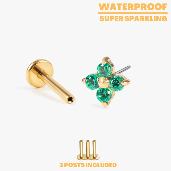 Luna - Emerald Four Leaf Push Pin Flatback Earrings