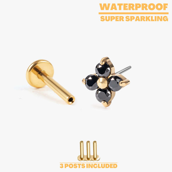 Luna - Black Spinel Four Leaf Push Pin Flatback Earrings