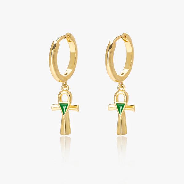 Green Enamel Cross Hoop Earrings