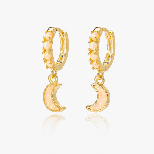 White Opal Moon Hoop Earrings