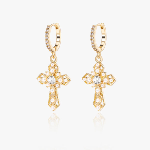 Pearl Cross Drop Hoop Earrings