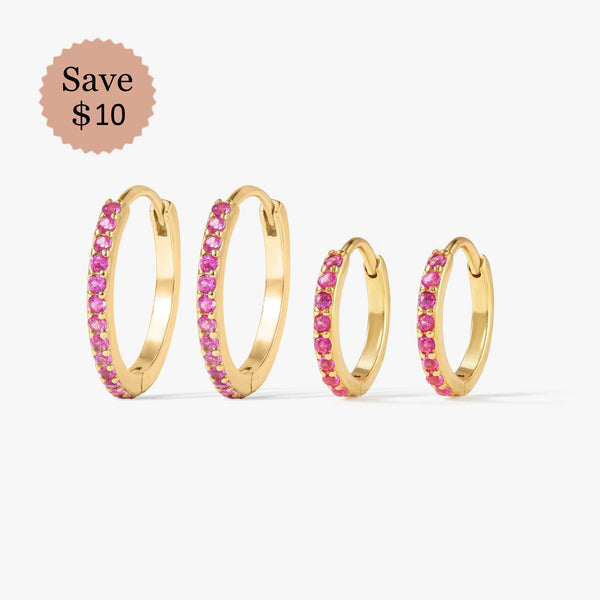 Ruby Red Hoop Earrings Set | Gift for Her