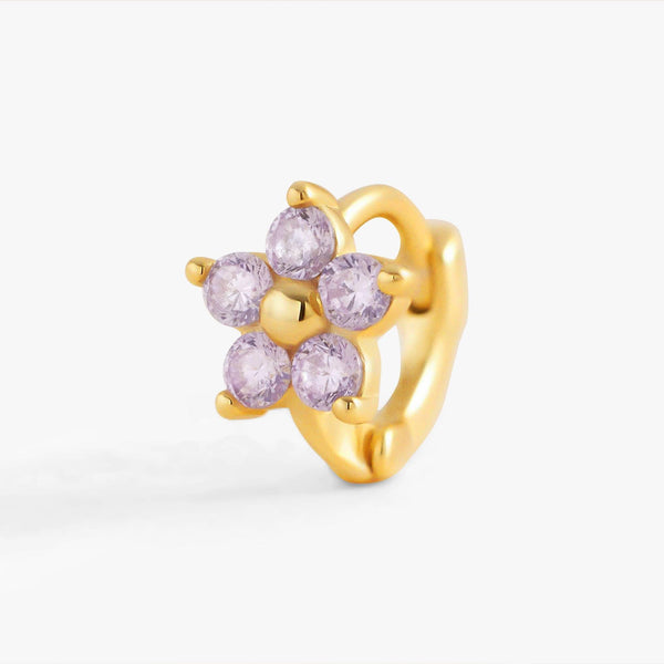 Amethyst Purple 3A CZ Five Petels Flower Huggie Hoop Earrings