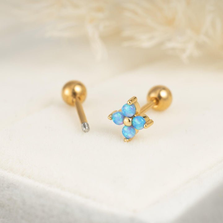 Boucle d'oreille piercing à dos plat en opale bleue trèfle à quatre feuilles