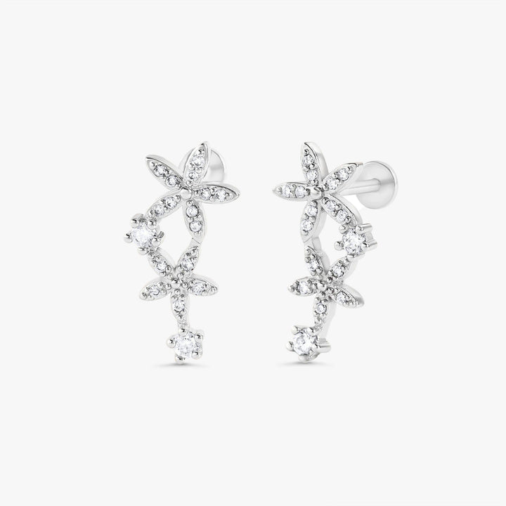 Helix Crystal 3A CZ  Double Flower Flat Back Piercing Earring-Left Ear
