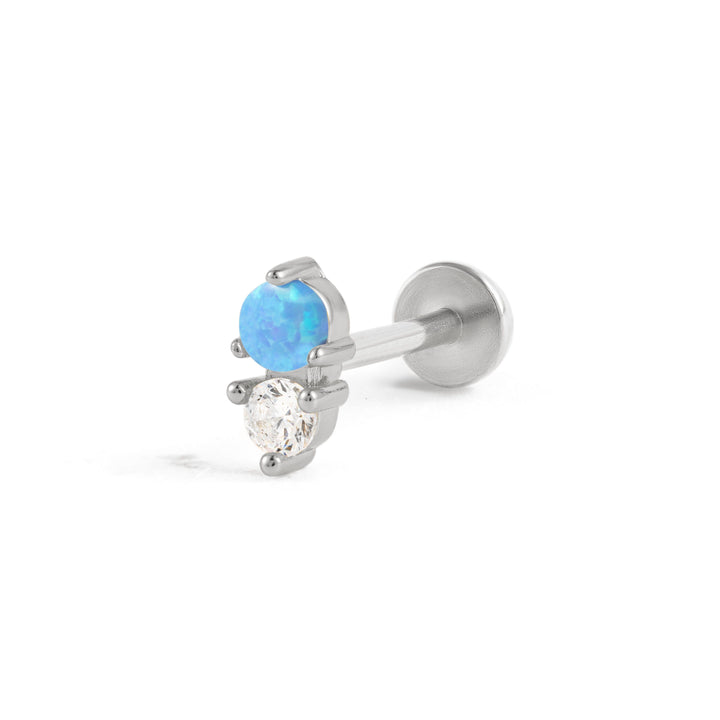 Boucle d'oreille piercing à dos plat avec double pierre opale bleue