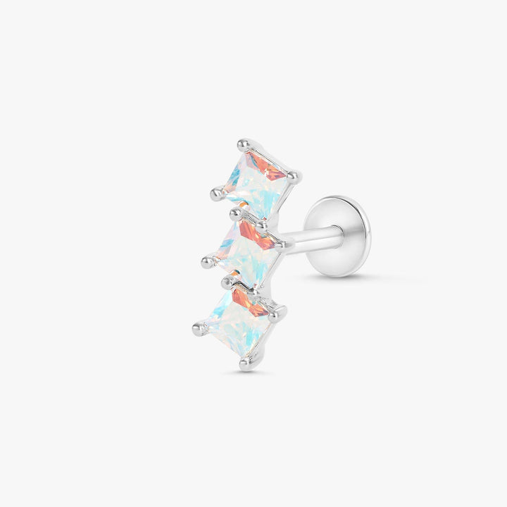 Triple Square White AB 3A CZ  Stone Flat Back Piercing Earring