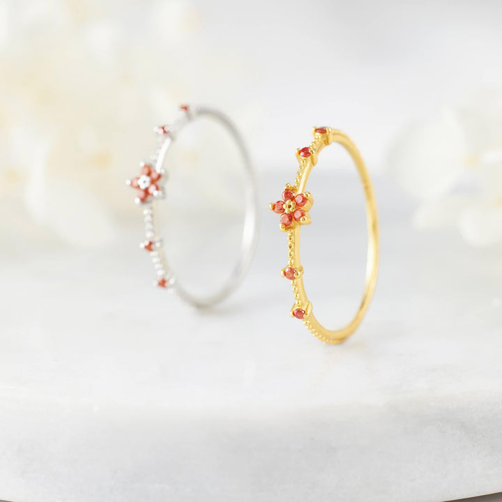 Dainty Garnet Flower Ring 