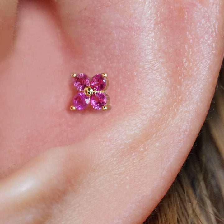Ruby Red 3A CZ  Four Leaf Clover Flat Back Piercing Stud