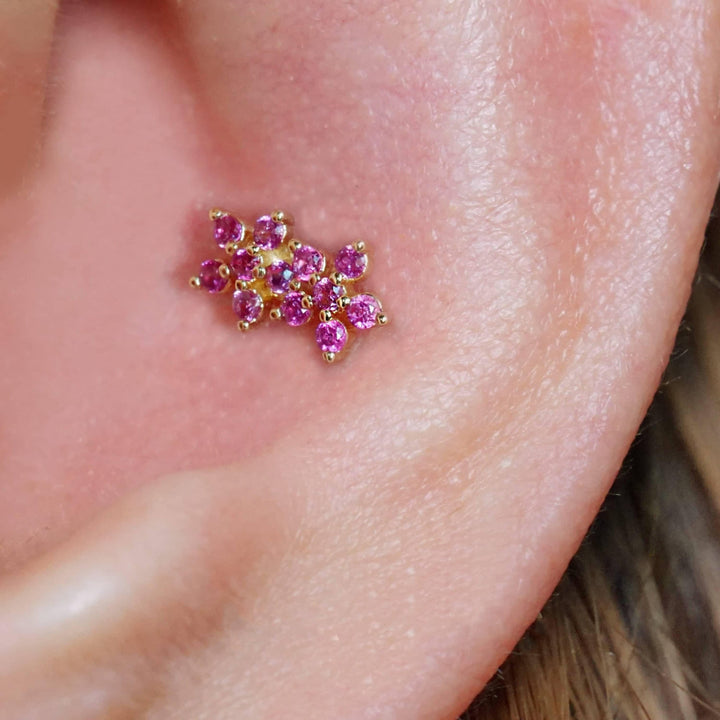 Ruby Red 3A CZ  Double Flowers Flat Back Piercing Stud
