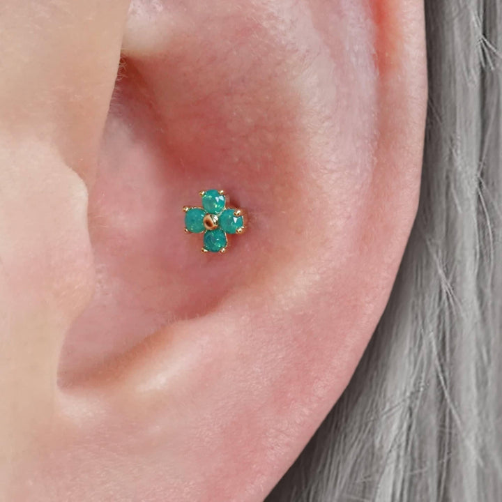 Grüner Mondstein Vierblättriges Kleeblatt Lotus Flache Rückseite Piercing Ohrstecker