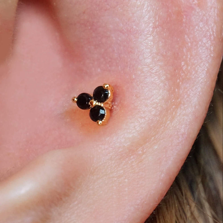 Black 3A CZ  Three Leaf Clover Flat Back Piercing Stud