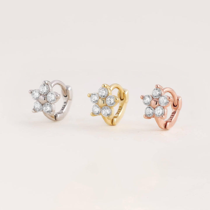 Crystal 3A CZ Five Petels Flower Huggie Hoop Earrings-EricaJewels