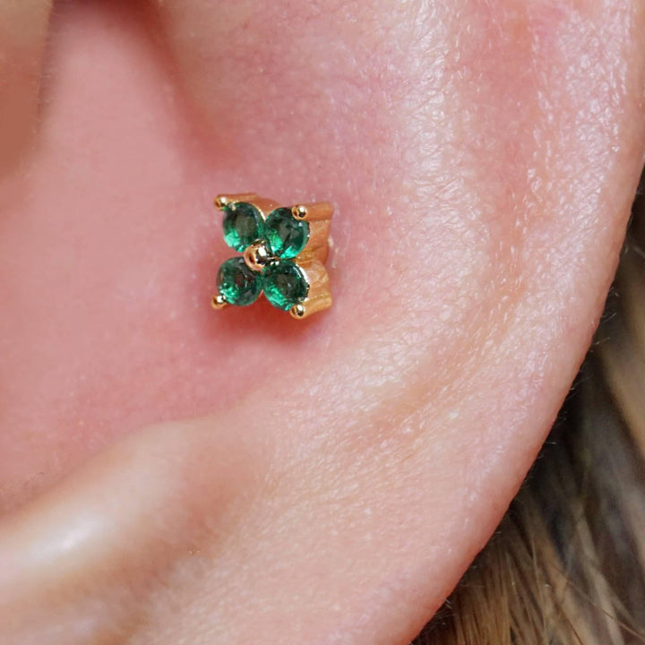 Emerald Green 3A CZ  Four Leaf Clover Flat Back Piercing Stud