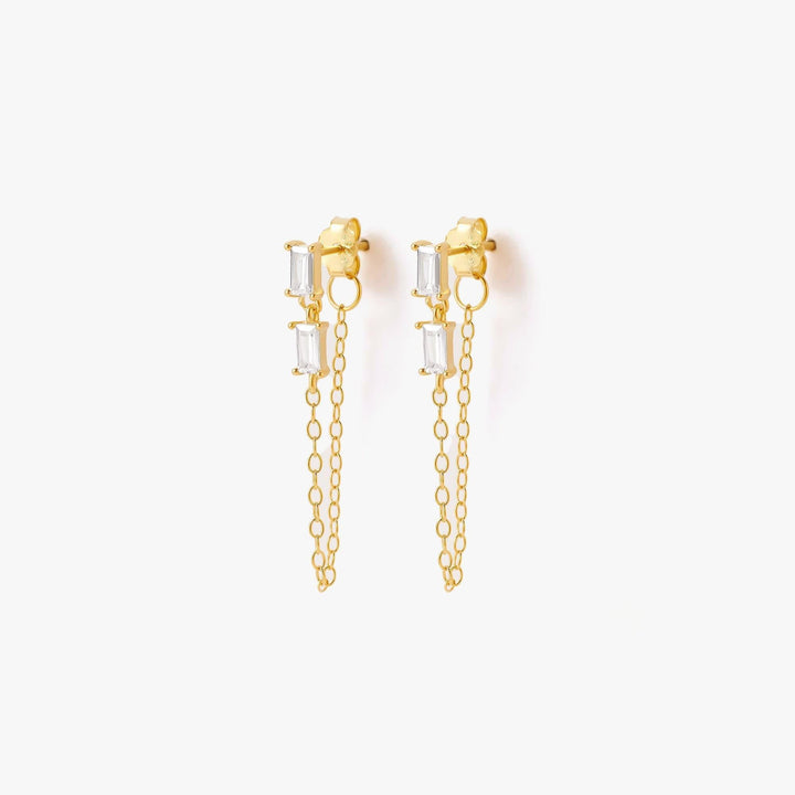 Double Crystal 3A CZ Baguette Chain Dangle Earrings