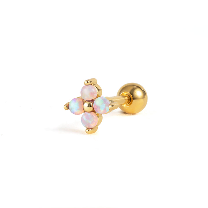 Boucle d'oreille piercing à dos plat en opale rose trèfle à quatre feuilles