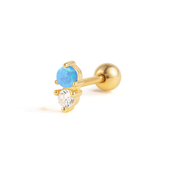 Boucle d'oreille piercing à dos plat avec double pierre opale bleue