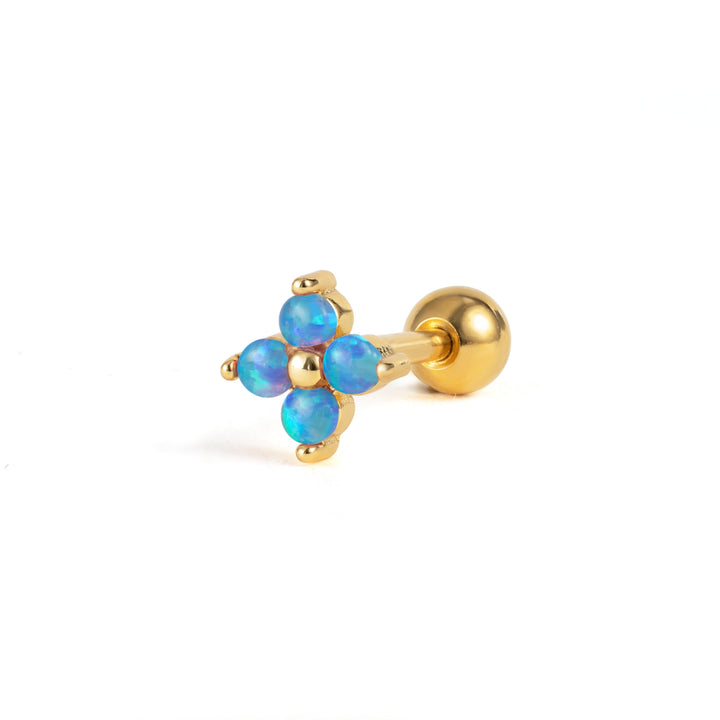 Boucle d'oreille piercing à dos plat en opale bleue trèfle à quatre feuilles