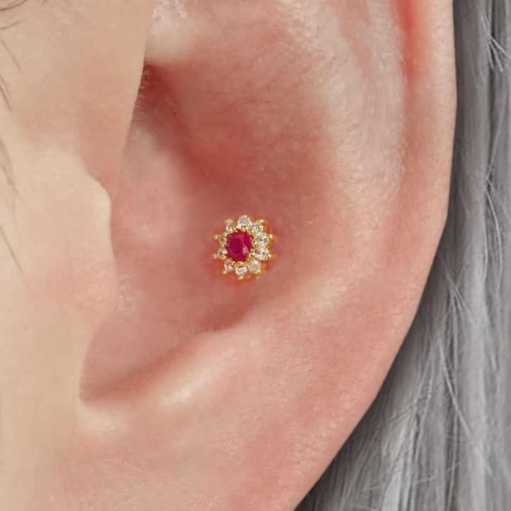 Ruby Red 3A CZ  Sunflower Flat Back Piercing Earring