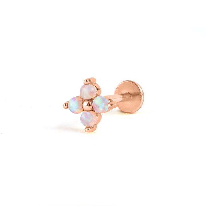 Boucle d'oreille piercing à dos plat en opale rose trèfle à quatre feuilles