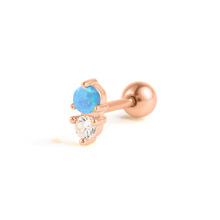 Boucle d'oreille piercing à dos plat avec double pierre opale bleue