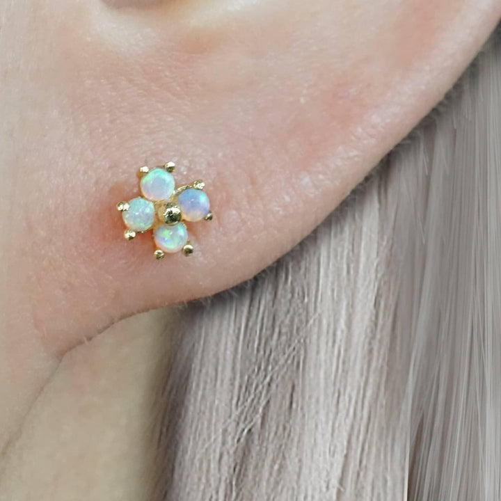 White Opal Four Leaf Clover Flat Back Piercing Earring