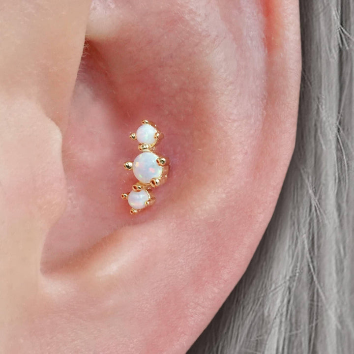 Triple White Opal Prong Flat Back Piercing Earring