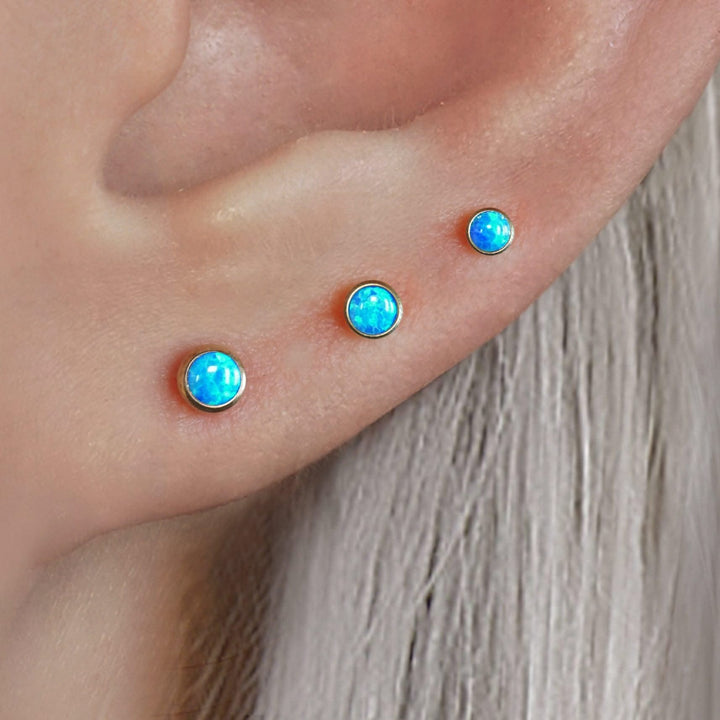 Multiple Sizes Blue Opal Bezeled Push Pin Earring