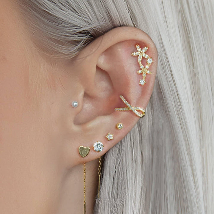 Helix Crystal 3A CZ  Double Flower Flat Back Piercing Earring-Right Ear