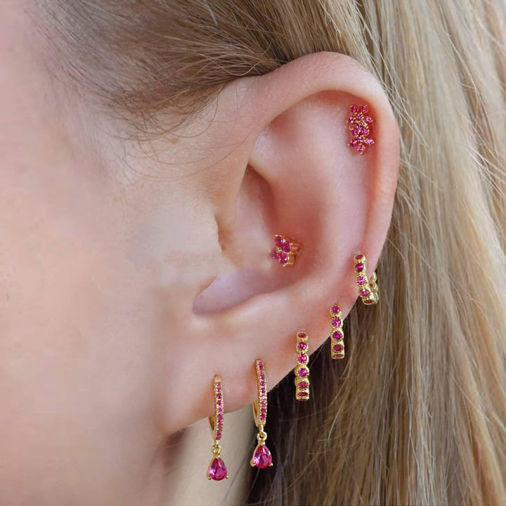 Ruby Red 3A CZ  Double Flowers Flat Back Piercing Stud