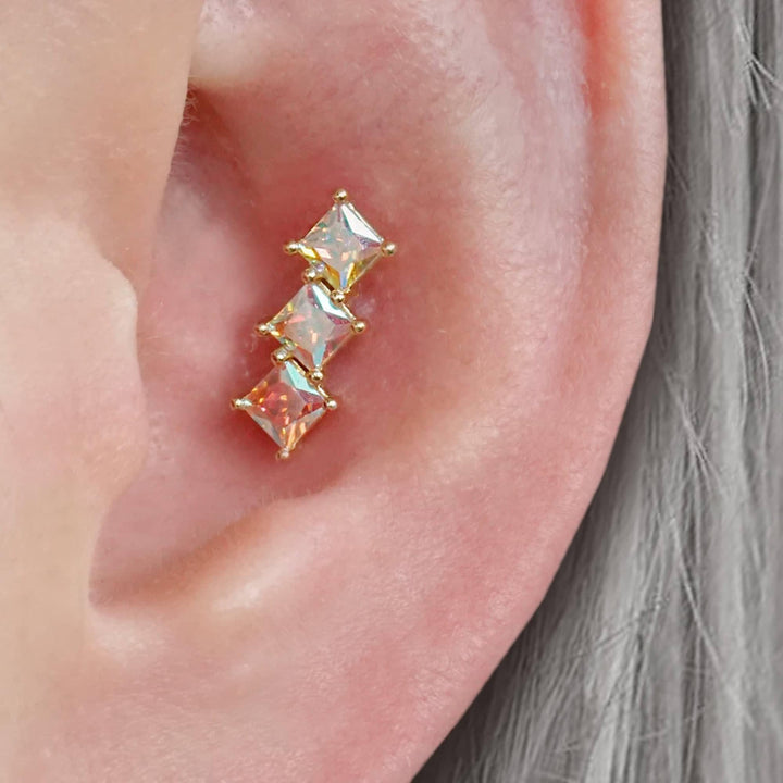 Triple Square White AB 3A CZ  Stone Flat Back Piercing Earring