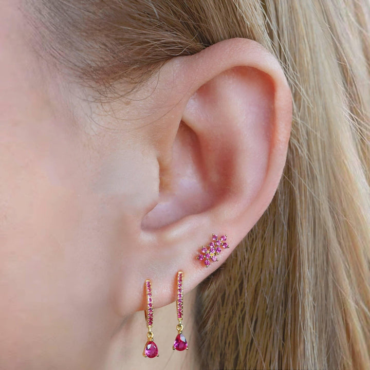 Ruby Red 3A CZ  Double Flowers Flat Back Piercing Stud