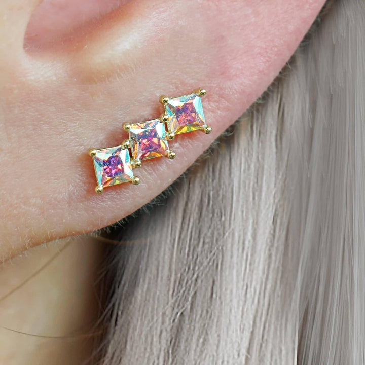 Triple Square White AB 3A CZ  Stone Flat Back Piercing Earring