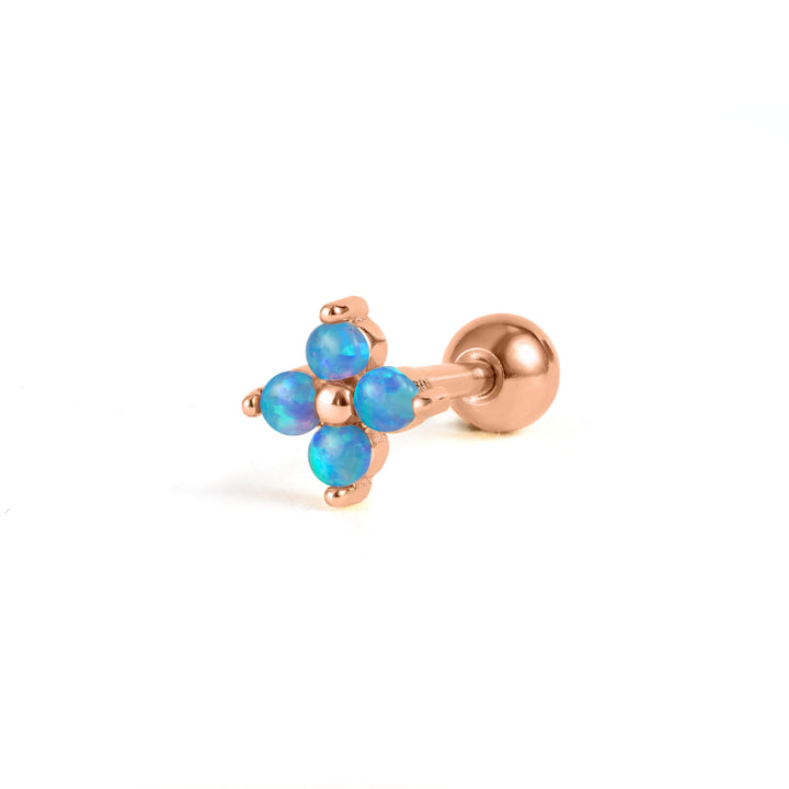 Boucle d'oreille piercing à dos plat en opale bleue trèfle à quatre feuilles