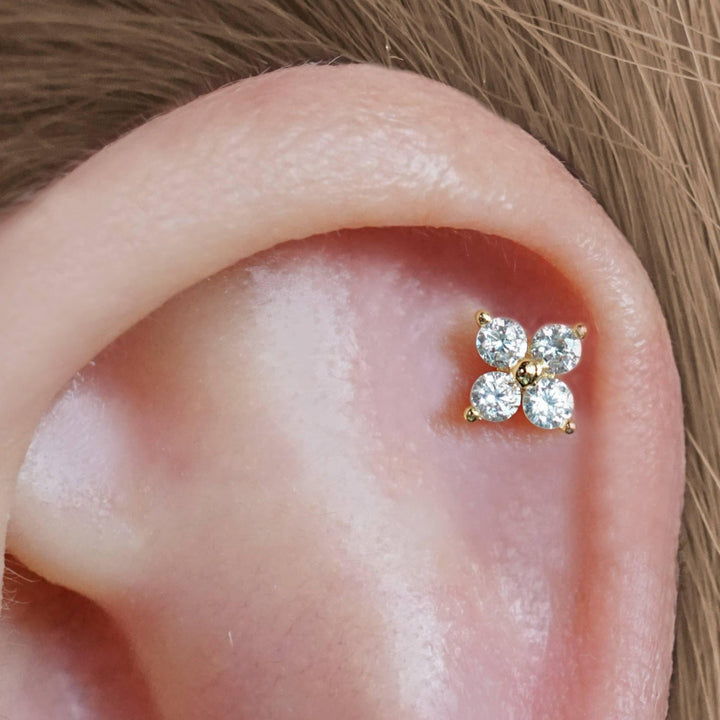 Crystal 3A CZ  Four Leaf Clover Lotus Flat Back Piercing Earring