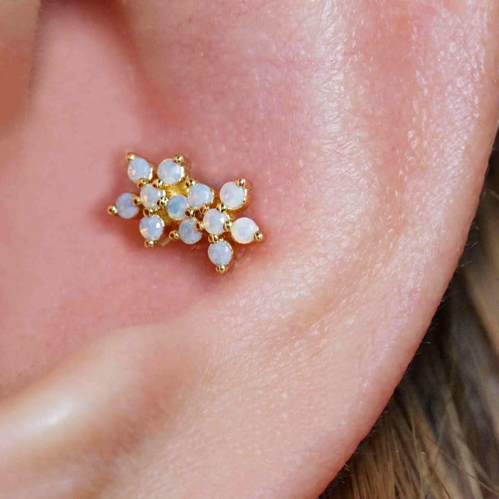 White Moonstone Double Flower Flat Back Piercing Stud